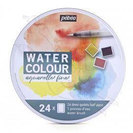 SET METAL REDONDO DE X24 ACUARELAS EN PASTILLAS PEBEO