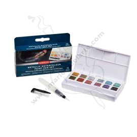 SET DE ACUARELA EN PASTILLA DERWENT X12 TONOS METALICOS+ WATERBRUSH